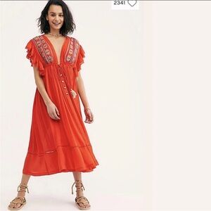 Free People Bali Will Wait For You Midi Dress Red Orange Large